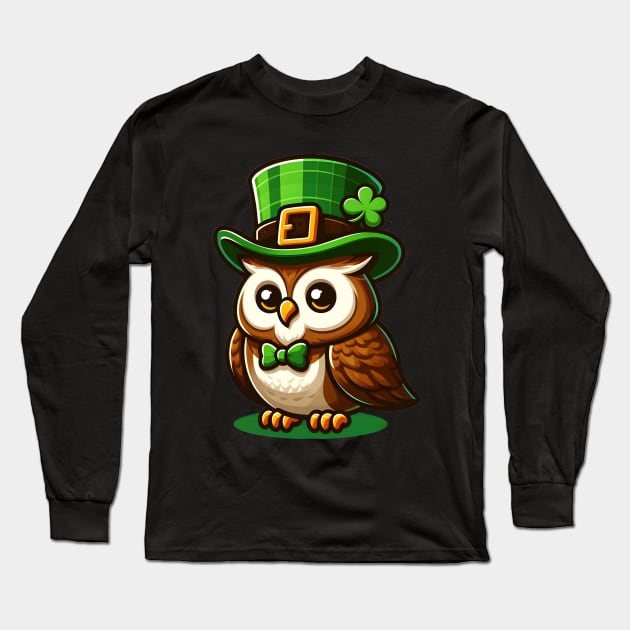 Lucky Owl - St Patrick's Day Owl With Hat - Cute Owl Saint Patrick's Day Long Sleeve T-Shirt by Stylish Dzign